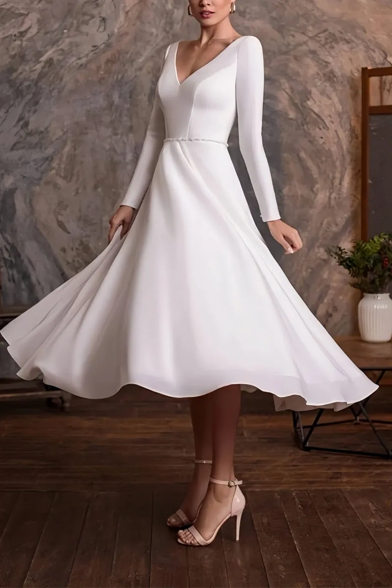 Long Sleeve Beaded Tea-Length Little White Dress CW3383 sold by Cocomelody