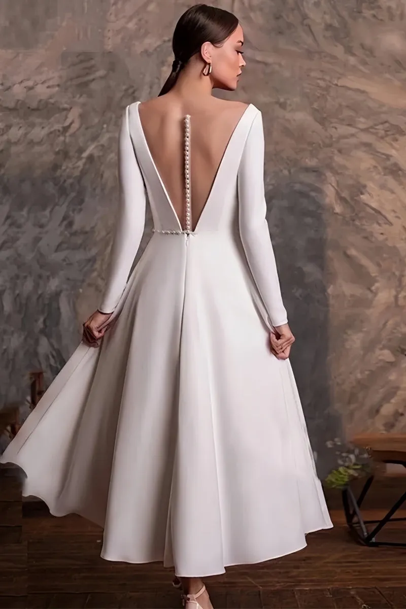 Long Sleeve Beaded Tea-Length Little White Dress CW3383 sold by Cocomelody product image thumbnail 2