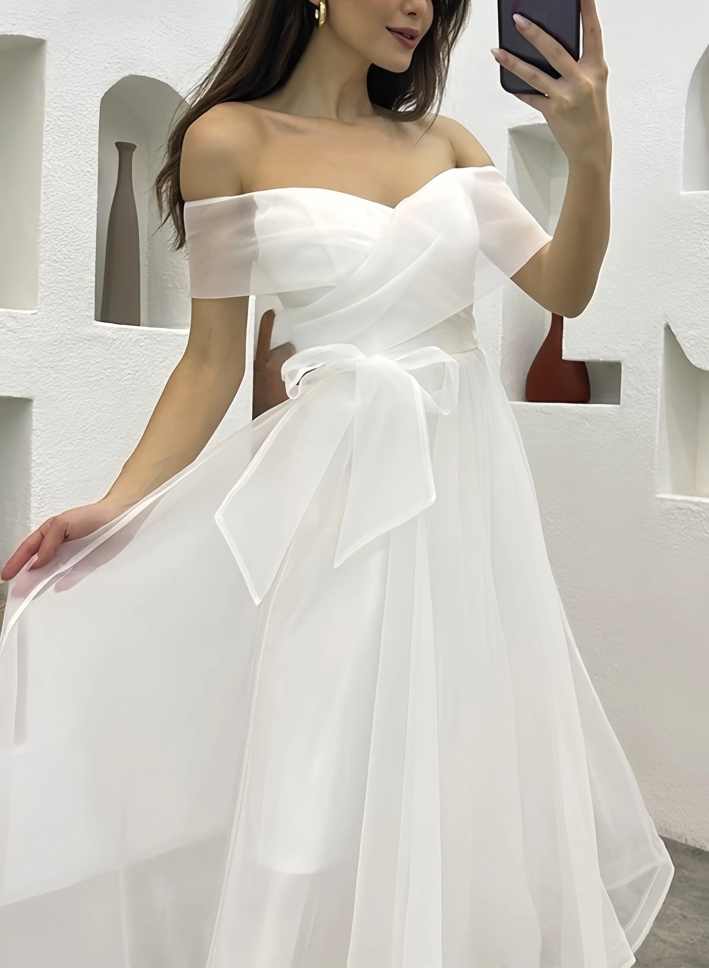 Off The Shoulder Tulle Tea-Length Little White Dress CW3380 sold by Cocomelody