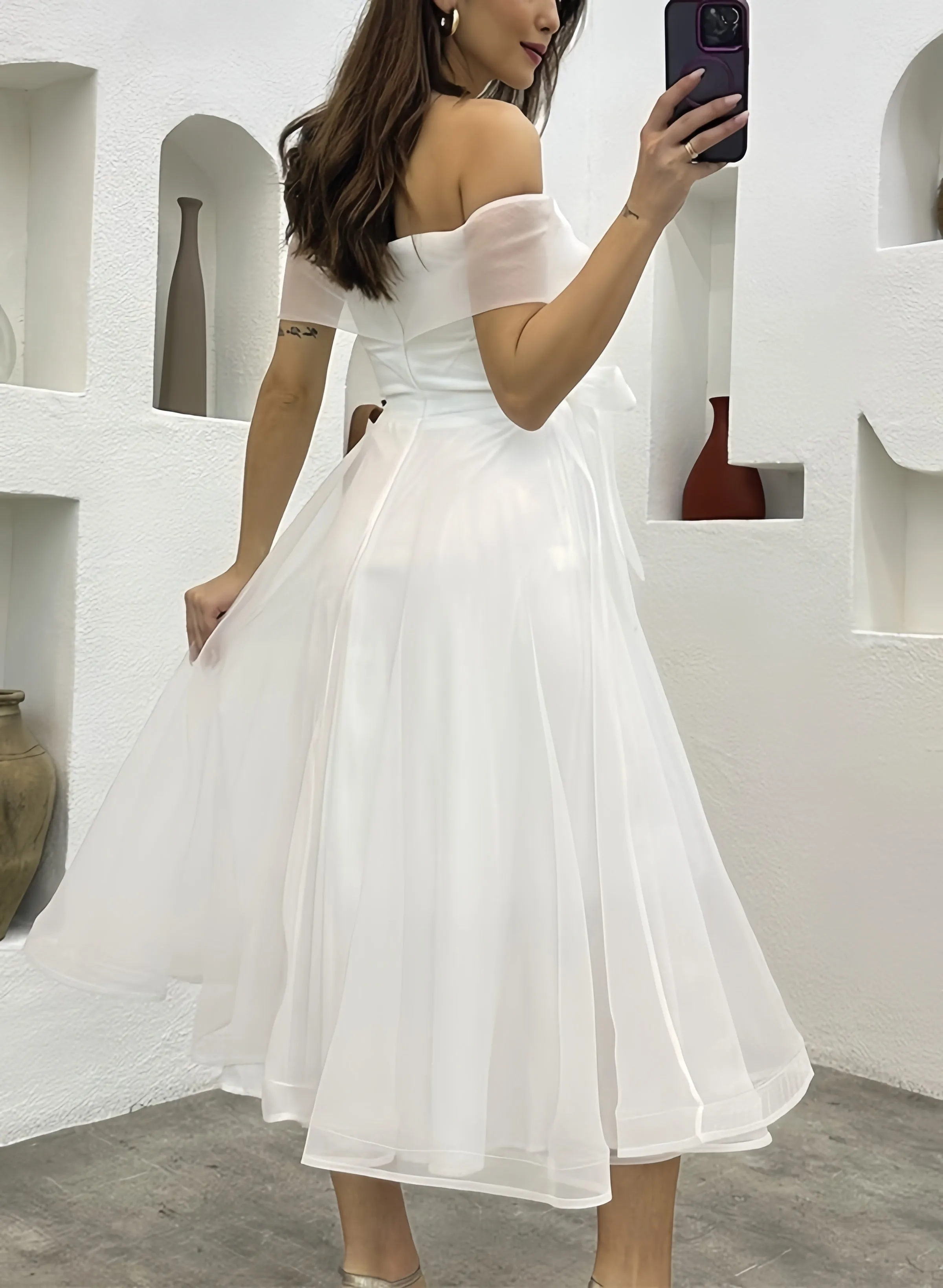 Off The Shoulder Tulle Tea-Length Little White Dress CW3380 sold by Cocomelody product image thumbnail 2