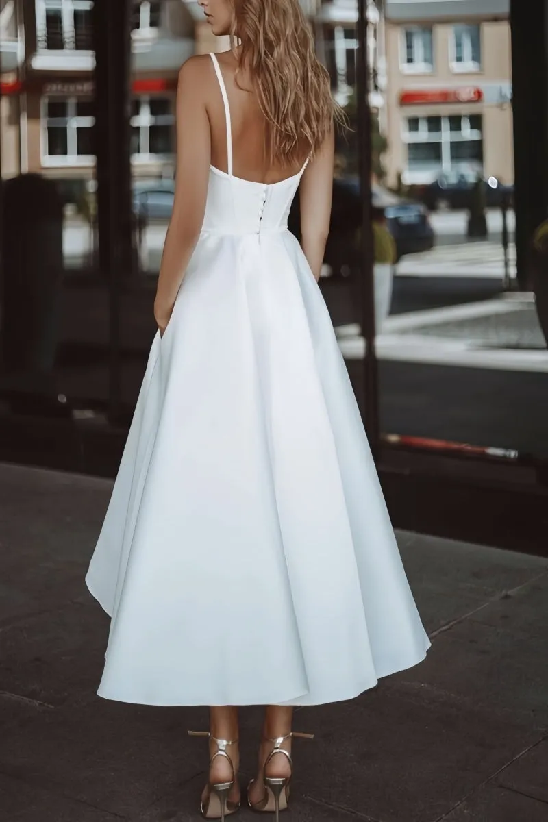 Satin Tea-Length Little White Dress with Pockets CW3379 sold by Cocomelody product image thumbnail 4