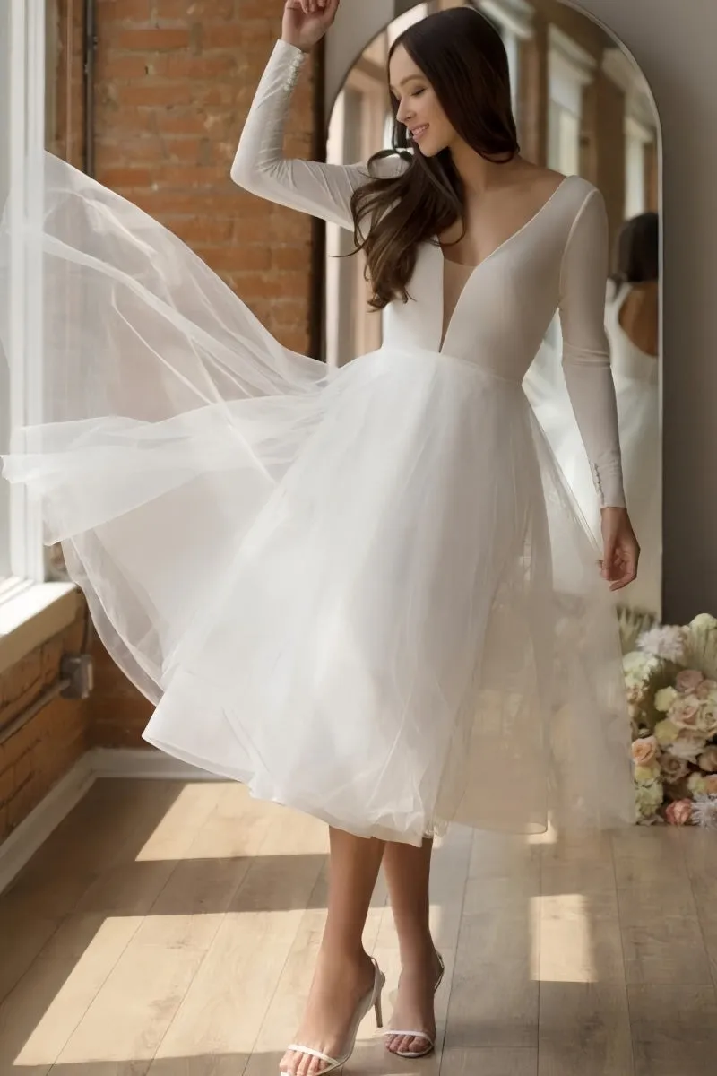 A-Line Wedding Dress with Tulle and Long Sleeves CW3374 sold by Cocomelody product image thumbnail 4