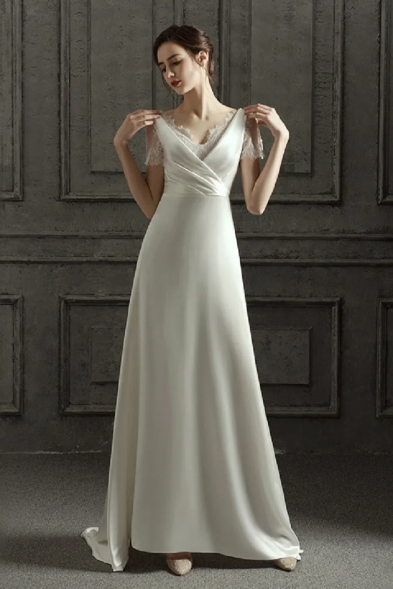 A-Line Sweep-Brush Train Satin Wedding Dress 687832654102 sold by Cocomelody