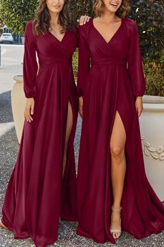 Burgundy Bridesmaid Dress with V-Neck & Long Sleeves CB0804 sold by Cocomelody