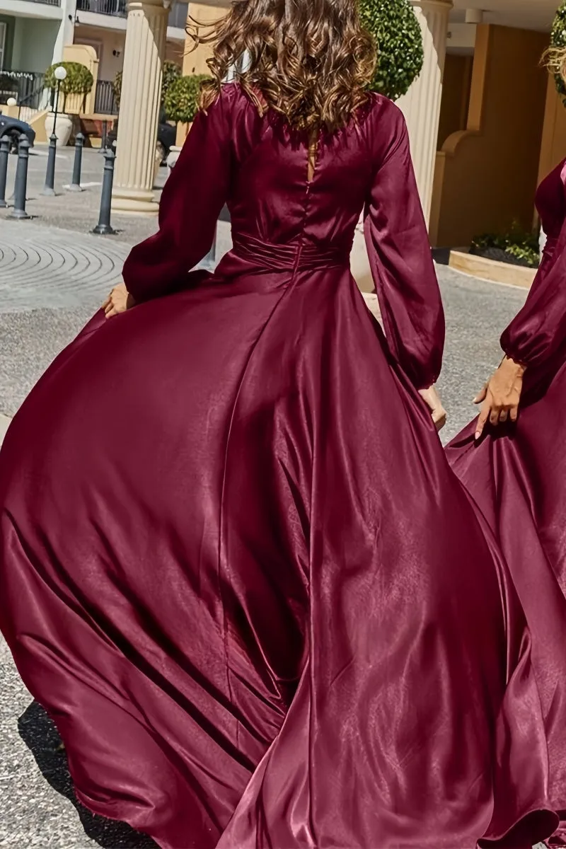 Burgundy Bridesmaid Dress with V-Neck & Long Sleeves CB0804 sold by Cocomelody product image thumbnail 2