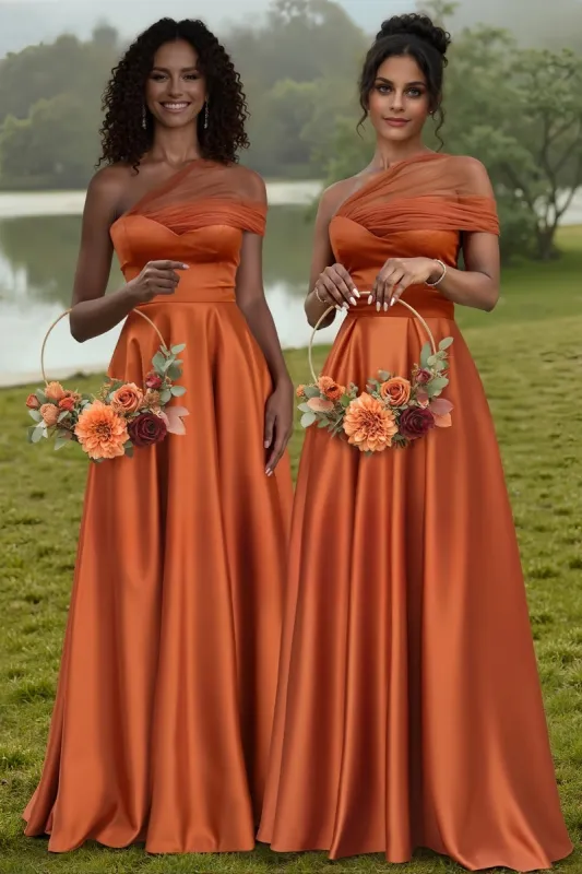 One-Shoulder Satin A-Line Bridesmaid Dress in Copper CB0802 sold by Cocomelody