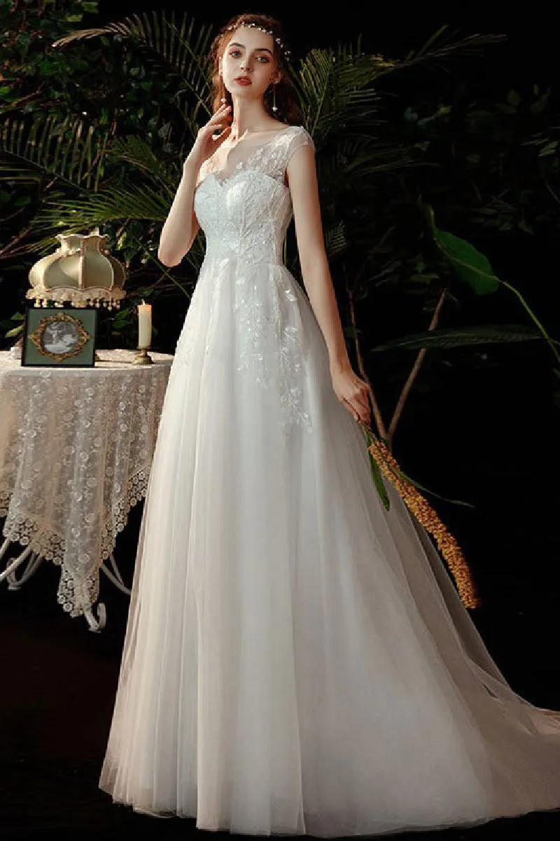 A-Line Sweep-Brush Train Lace Tulle Wedding Dress 639357461992 sold by Cocomelody product image thumbnail 3