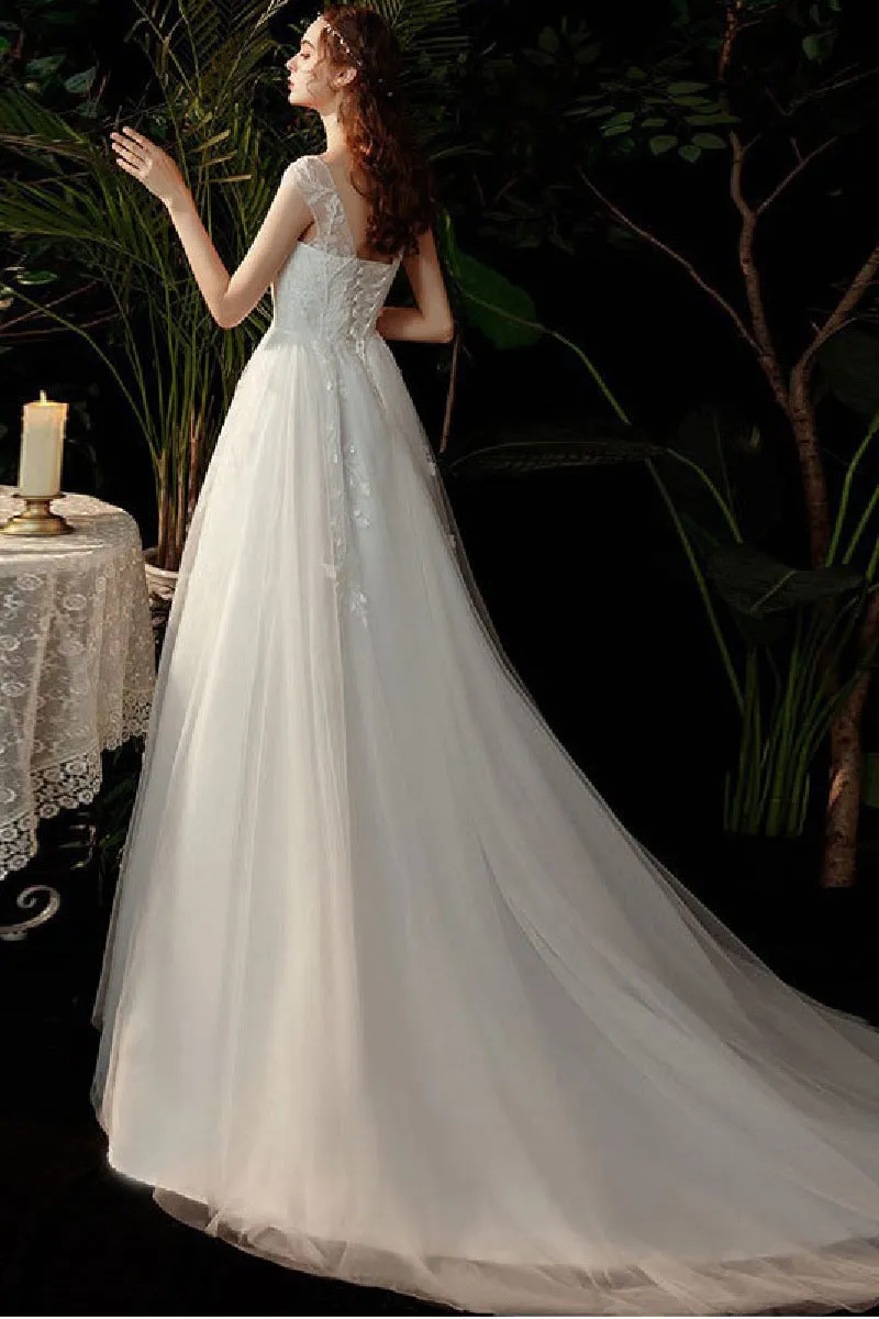 A-Line Sweep-Brush Train Lace Tulle Wedding Dress 639357461992 sold by Cocomelody product image thumbnail 2
