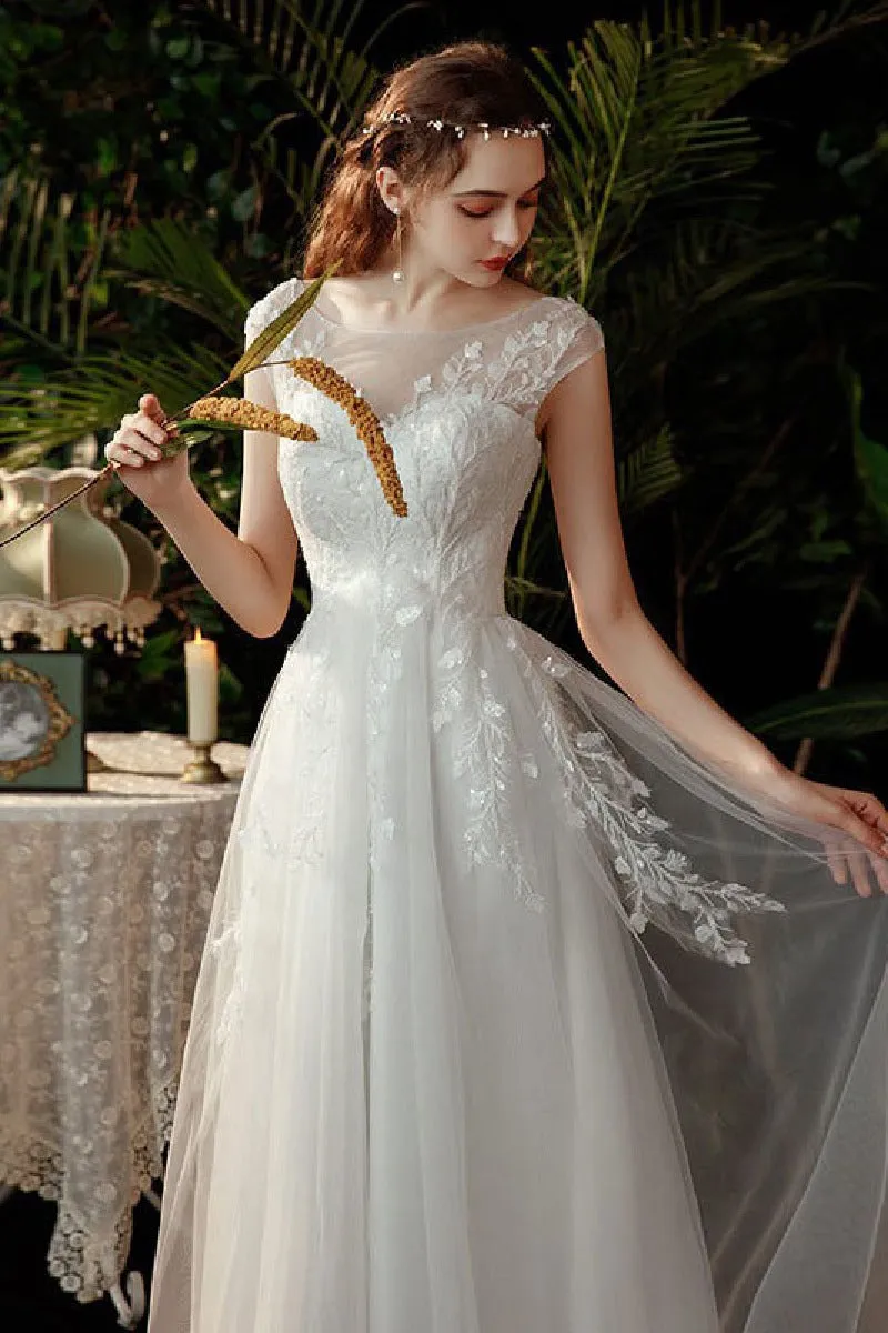A-Line Sweep-Brush Train Lace Tulle Wedding Dress 639357461992 sold by Cocomelody product image thumbnail 4