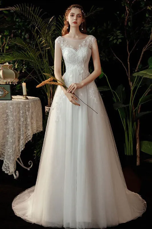 A-Line Sweep-Brush Train Lace Tulle Wedding Dress 639357461992 sold by Cocomelody