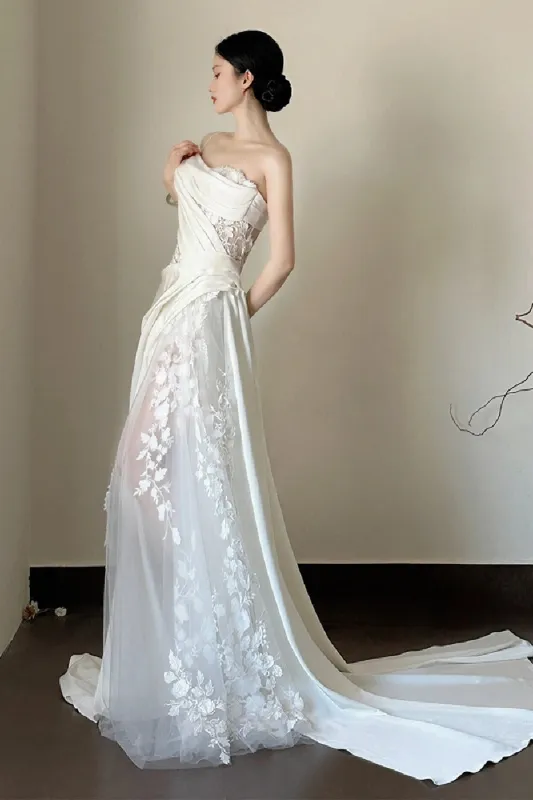 Sheath-Column Sweep-Brush Train Lace Satin Wedding Dress 783313297177 sold by Cocomelody
