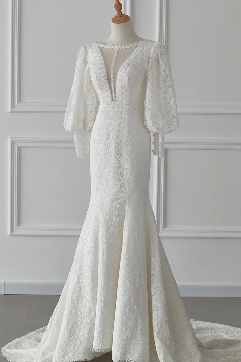 Trumpet-Mermaid Sweep-Brush Train Lace Wedding Dress 719870409318 sold by Cocomelody