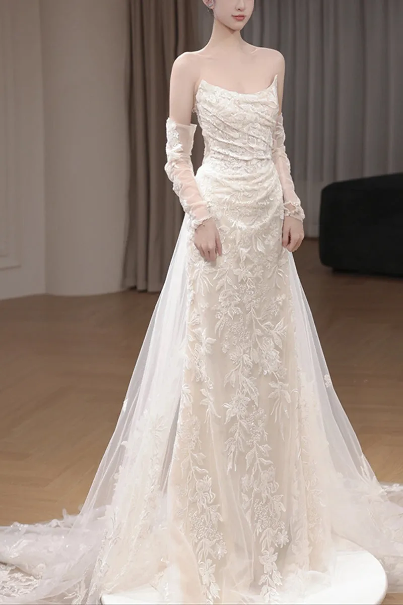 Sheath-Column Sweep-Brush Train Lace Tulle Wedding Dress 774886646233 sold by Cocomelody product image thumbnail 4