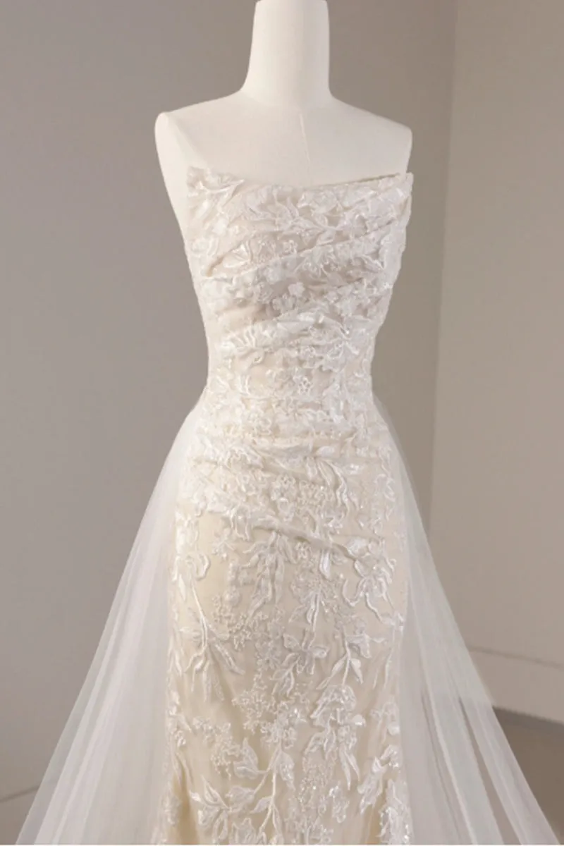 Sheath-Column Sweep-Brush Train Lace Tulle Wedding Dress 774886646233 sold by Cocomelody product image thumbnail 3