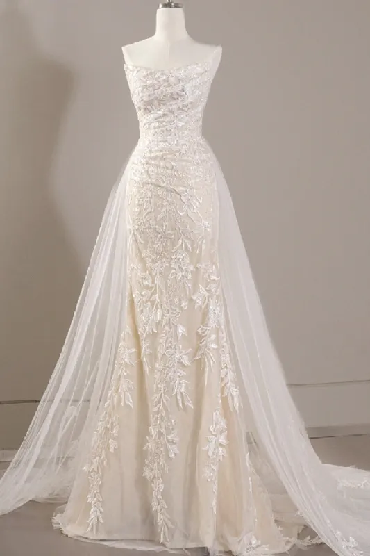 Sheath-Column Sweep-Brush Train Lace Tulle Wedding Dress 774886646233 sold by Cocomelody