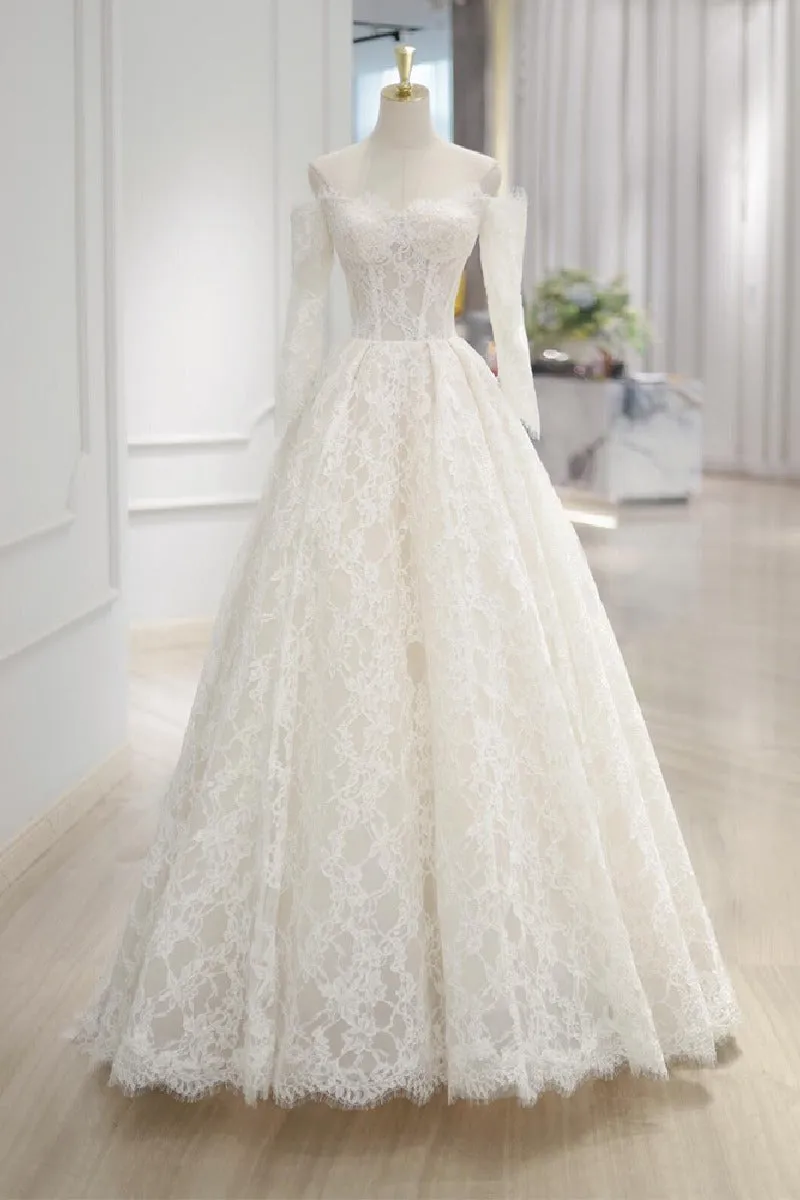 A-Line Sweep-Brush Train Lace Wedding Dress 843985458463 sold by Cocomelody