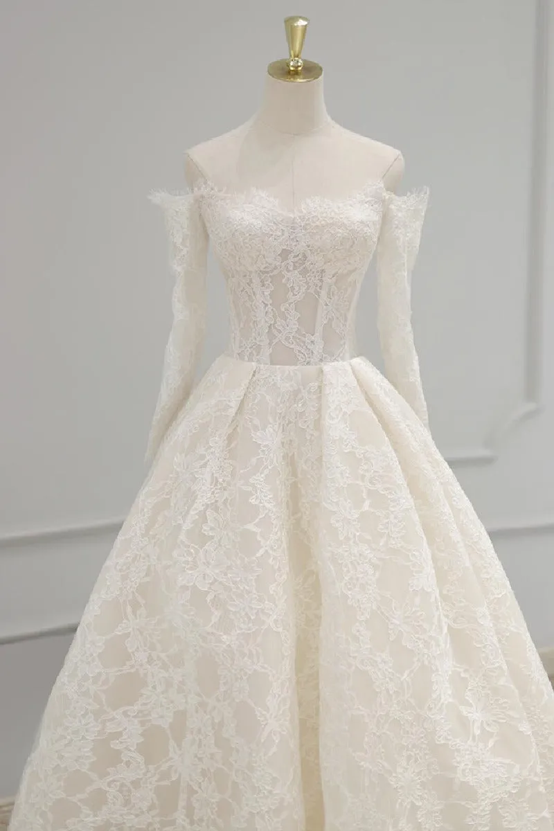 A-Line Sweep-Brush Train Lace Wedding Dress 843985458463 sold by Cocomelody product image thumbnail 4