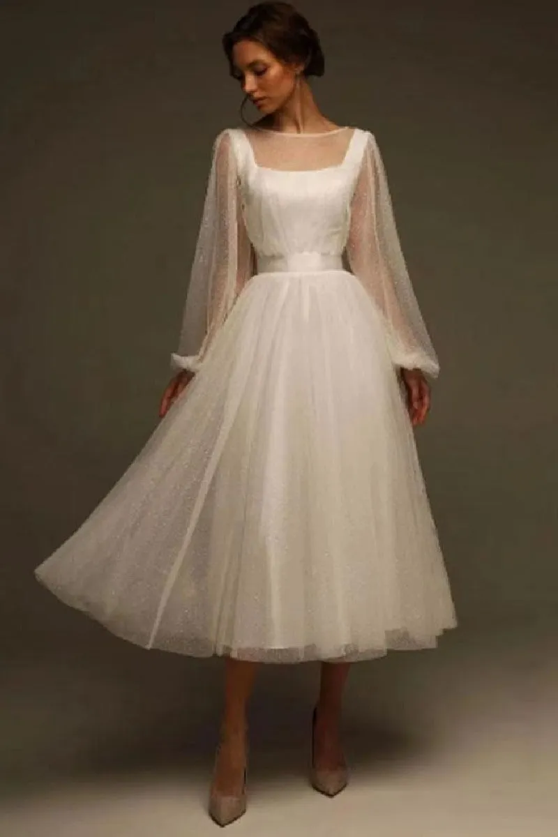 A-Line Tea Length Tulle Wedding Dress 857895271881 sold by Cocomelody