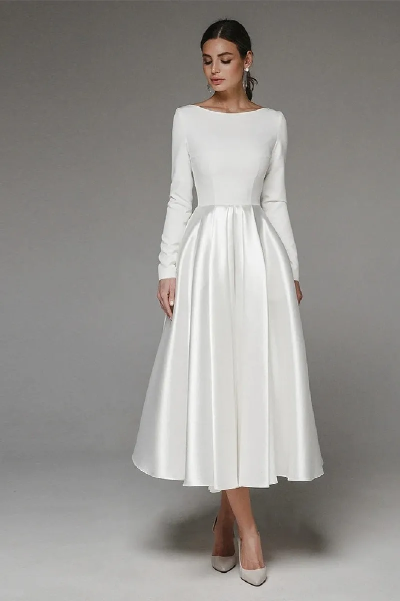 A-Line Tea Length Satin Wedding Dress 745249926431 sold by Cocomelody product image thumbnail 3