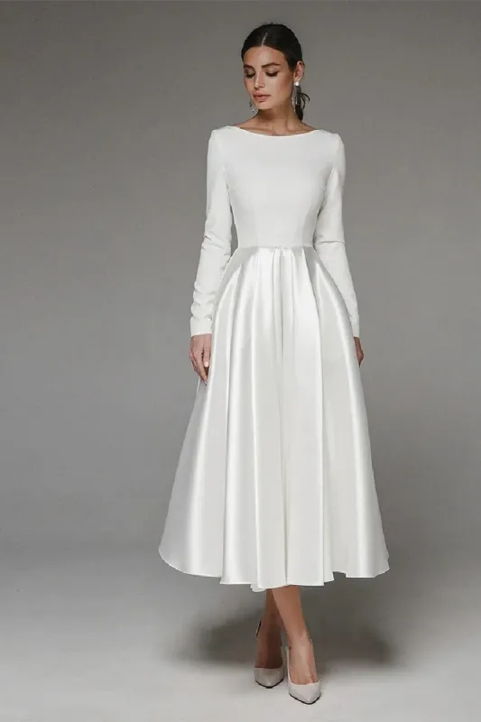 A-Line Tea Length Satin Wedding Dress 745249926431 sold by Cocomelody