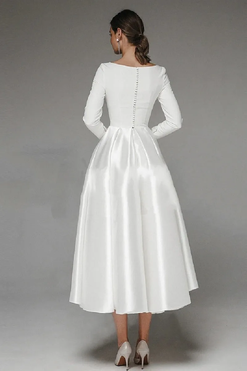 A-Line Tea Length Satin Wedding Dress 745249926431 sold by Cocomelody product image thumbnail 2