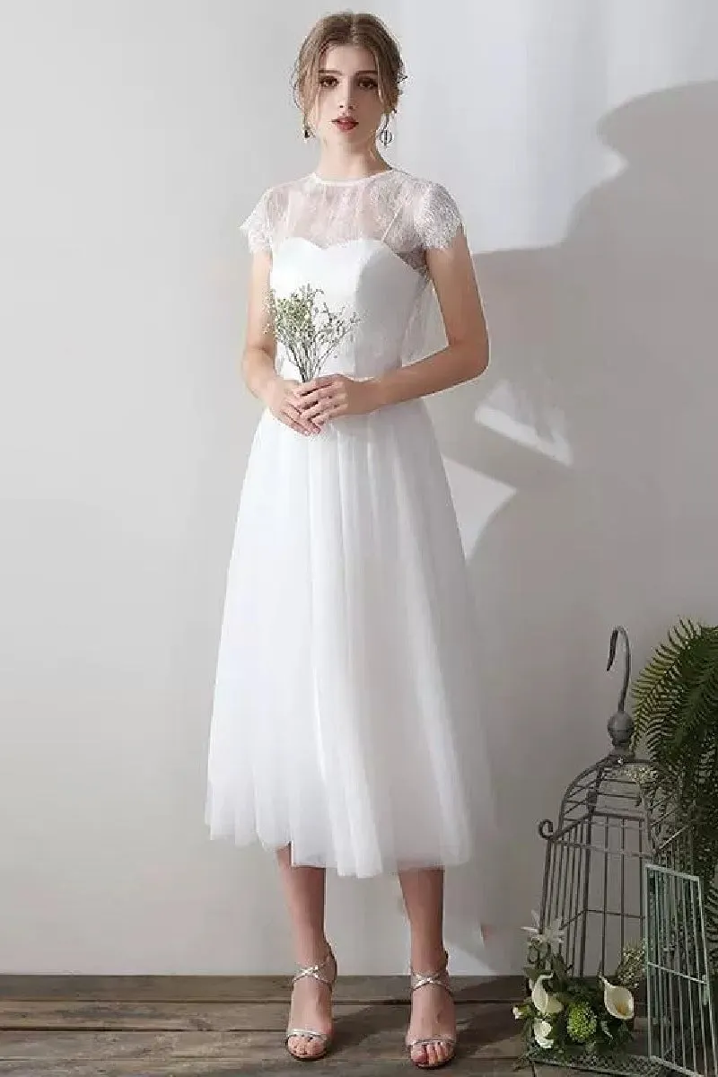 A-Line Tea Length Lace Tulle Wedding Dress 862471719437 sold by Cocomelody