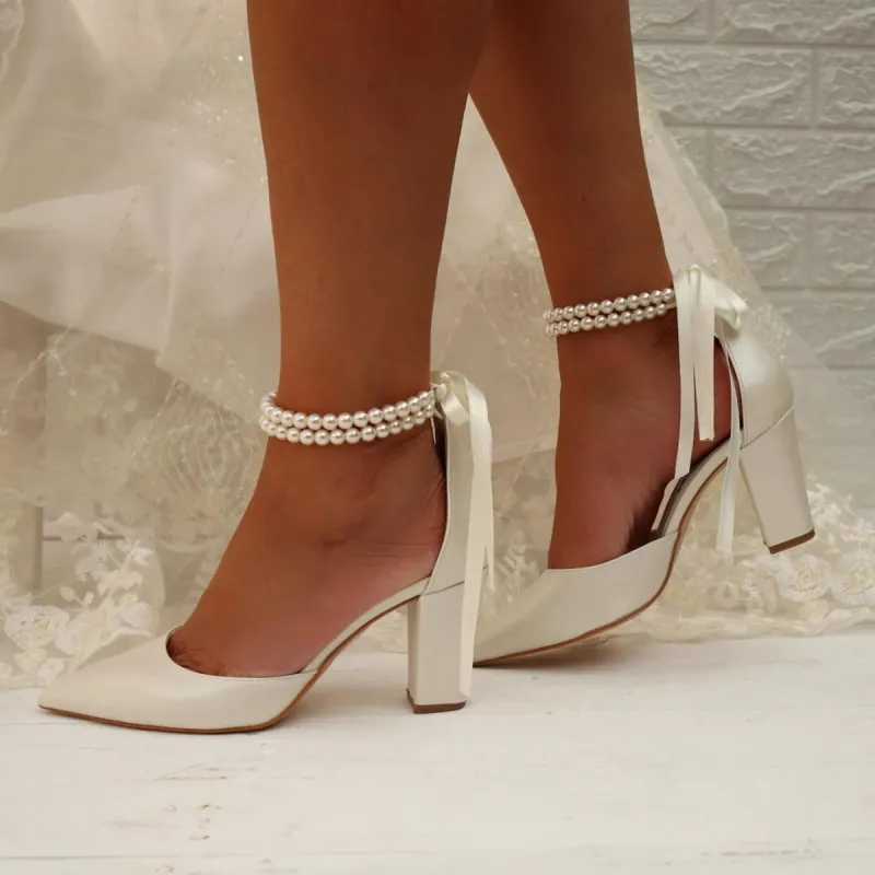 Pearl  white Satin Pointy  Block Heels 708400120081 sold by Cocomelody
