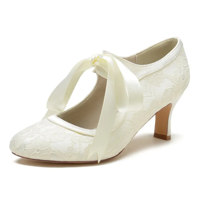 Chunky Heel 6.5cm Silk-Like Lace Shoes CK0369 sold by Cocomelody