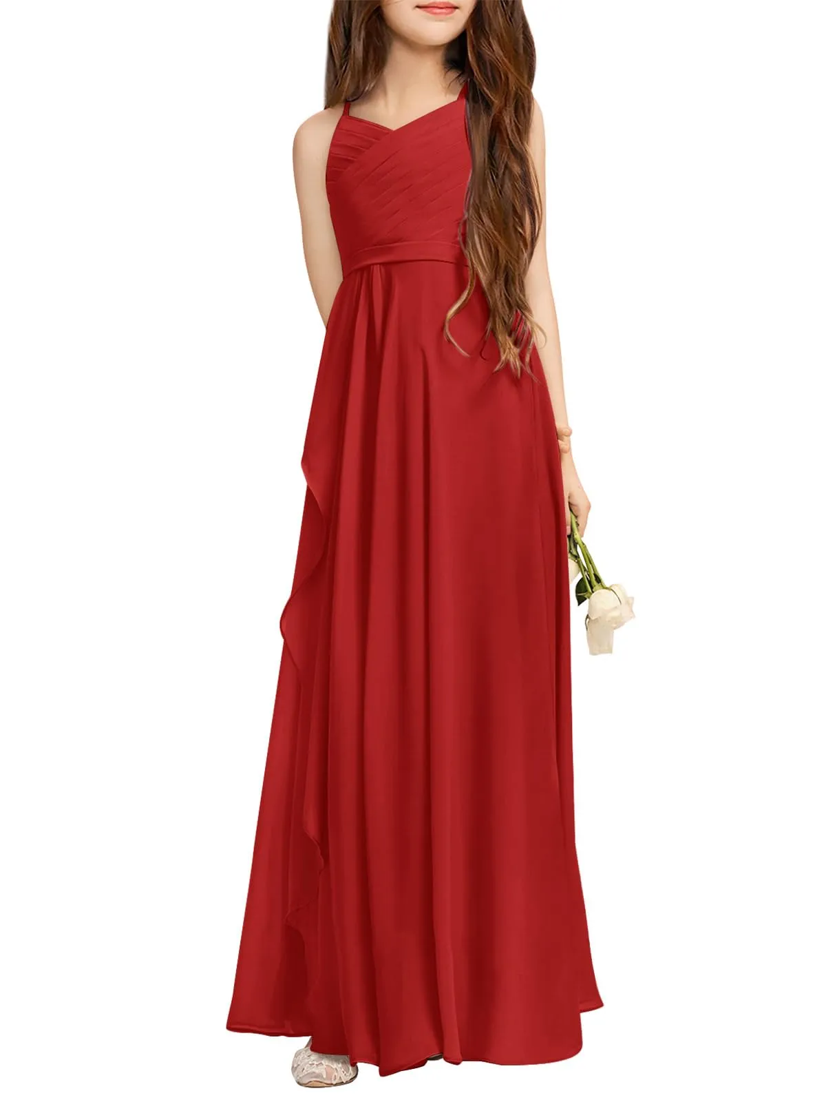 A-Line Halter Junior Bridesmaid Dress - Flowy Chiffon Maxi Gown B0C7CGNHD6 sold by Cocomelody product image thumbnail 4