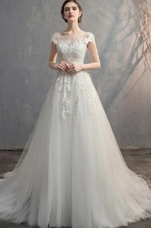 A-Line Sweep-Brush Train Lace Tulle Wedding Dress 774150163562 sold by Cocomelody