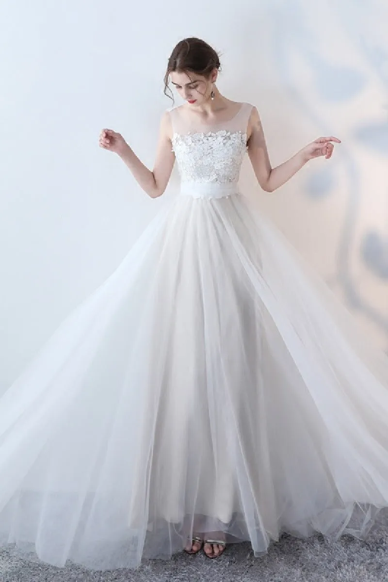 A-Line Sweep-Brush Train Lace Tulle Wedding Dress 623545078224 sold by Cocomelody