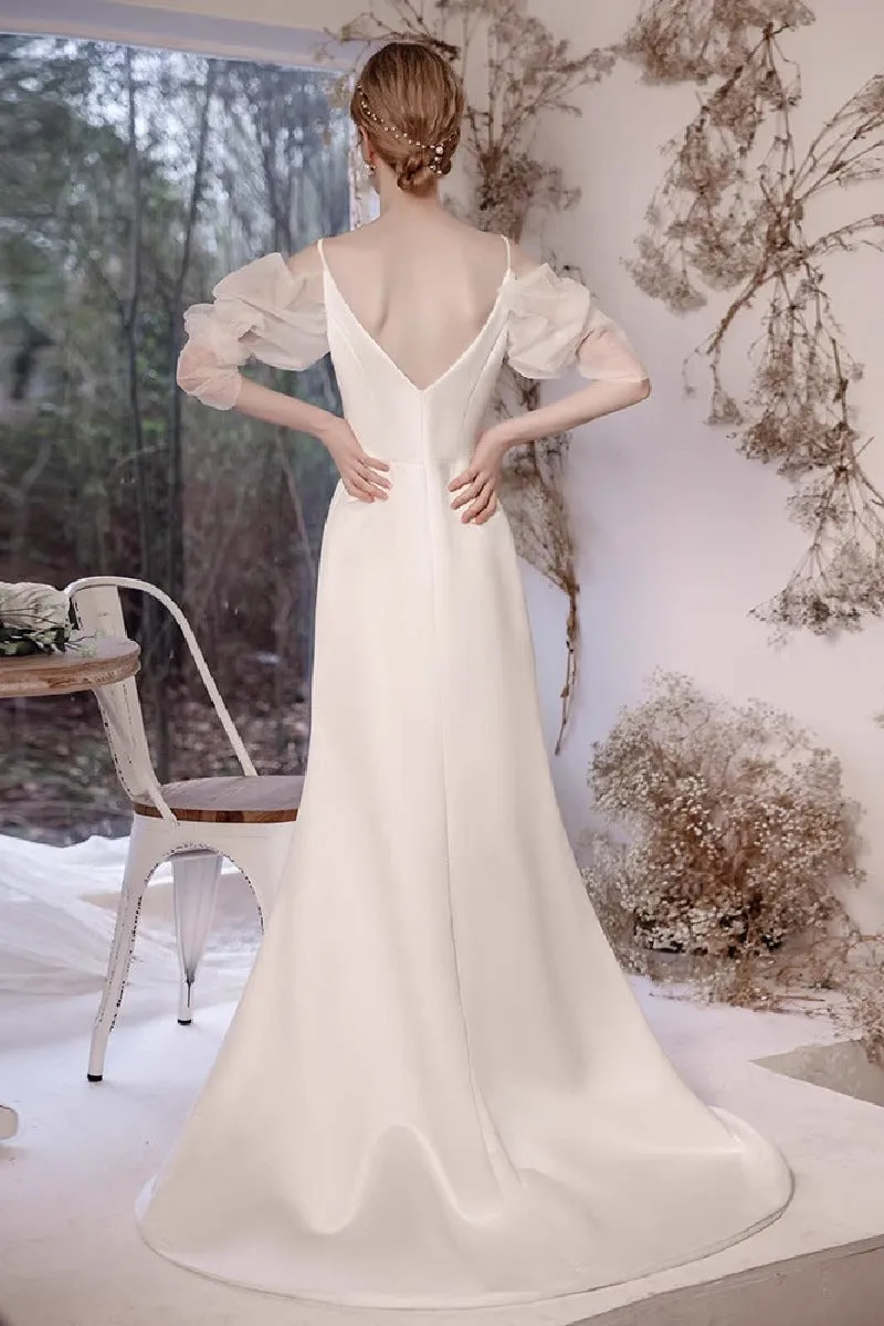 Sheath-Column Sweep-Brush Train Satin Wedding Dress 842075307132 sold by Cocomelody product image thumbnail 2