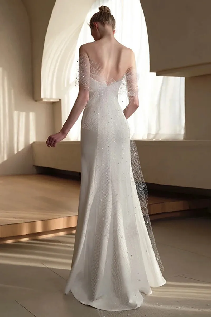 Sheath-Column Sweep-Brush Train Satin Wedding Dress 681142138334 sold by Cocomelody product image thumbnail 4