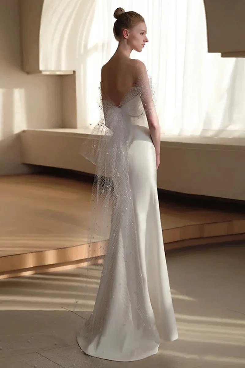 Sheath-Column Sweep-Brush Train Satin Wedding Dress 681142138334 sold by Cocomelody product image thumbnail 2