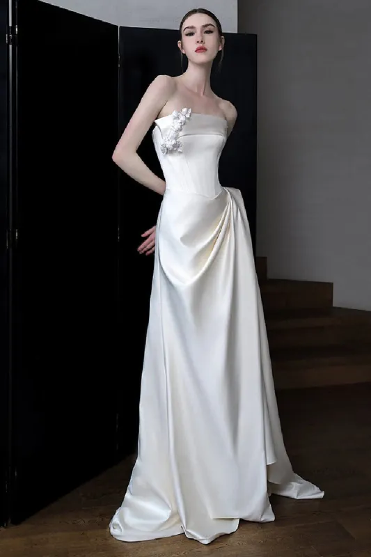 Sheath-Column Sweep-Brush Train Satin Wedding Dress 761888350591 sold by Cocomelody