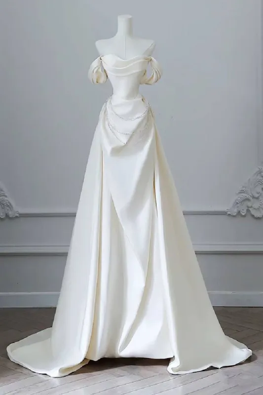 A-Line Sweep-Brush Train Satin Wedding Dress 827070473269 sold by Cocomelody