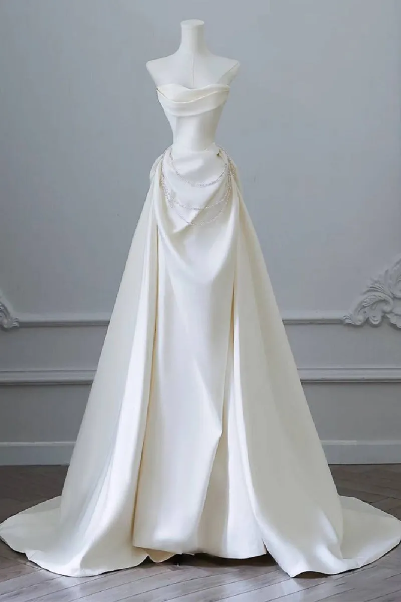 A-Line Sweep-Brush Train Satin Wedding Dress 827070473269 sold by Cocomelody product image thumbnail 5