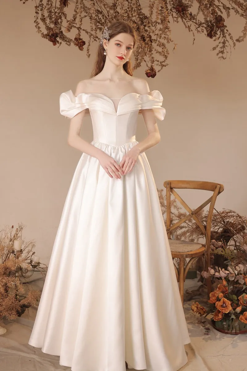A-Line Floor Length Satin Wedding Dress 708336222057 sold by Cocomelody