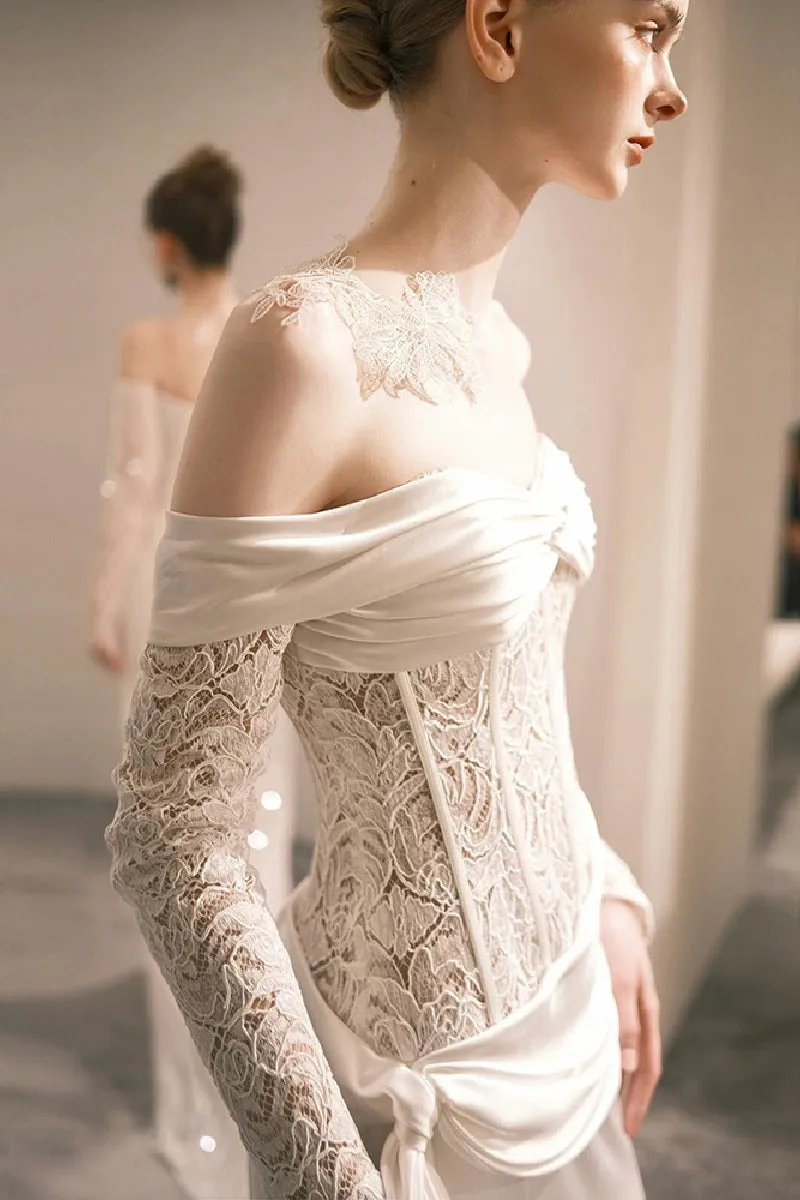 Sheath-Column Court Train Lace Satin Wedding Dress 818657898360 sold by Cocomelody product image thumbnail 4