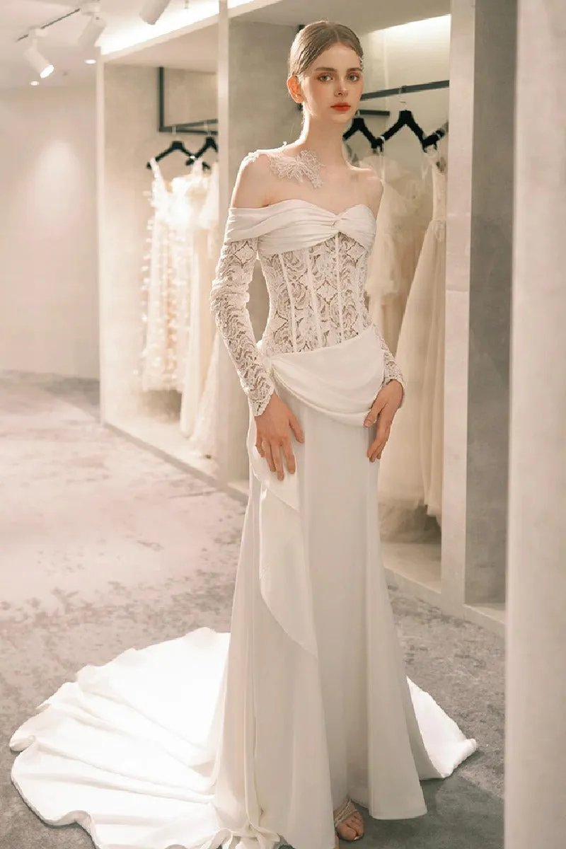 Sheath-Column Court Train Lace Satin Wedding Dress 818657898360 sold by Cocomelody product image thumbnail 5