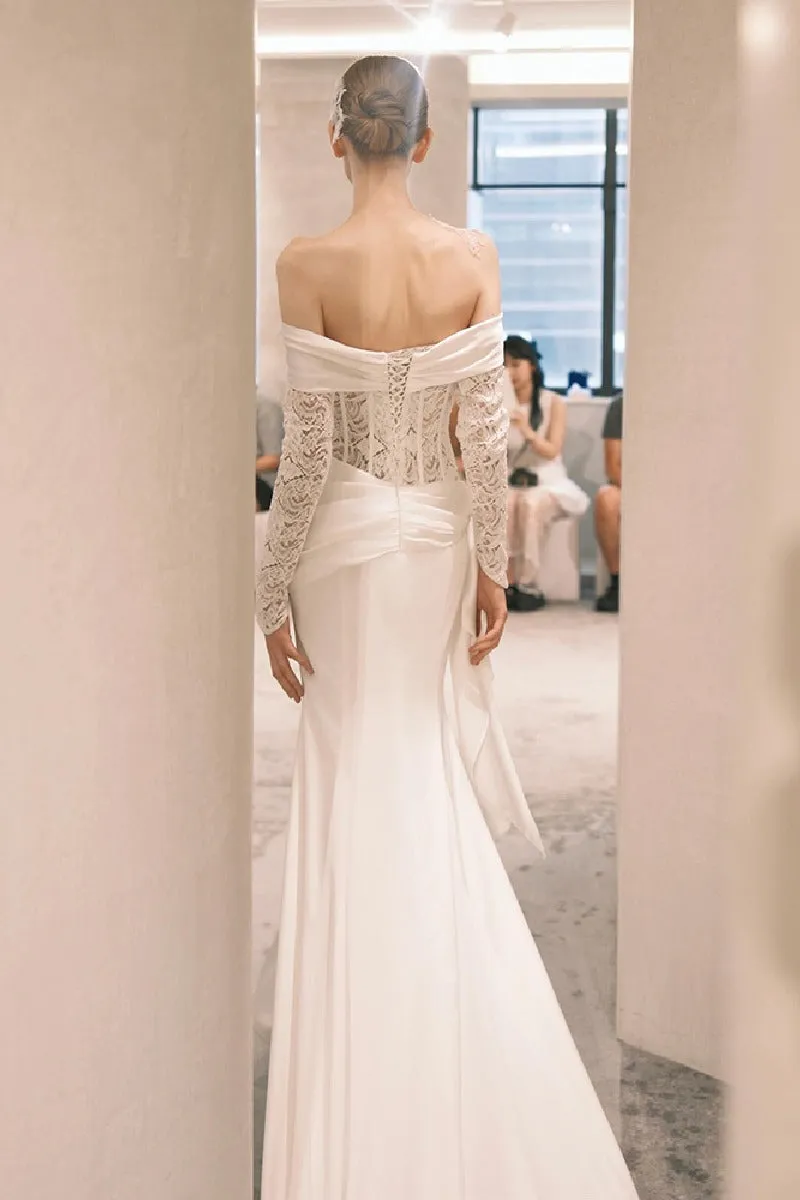 Sheath-Column Court Train Lace Satin Wedding Dress 818657898360 sold by Cocomelody product image thumbnail 2