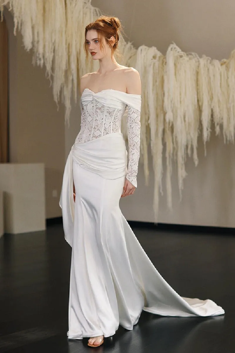 Sheath-Column Court Train Lace Satin Wedding Dress 818657898360 sold by Cocomelody