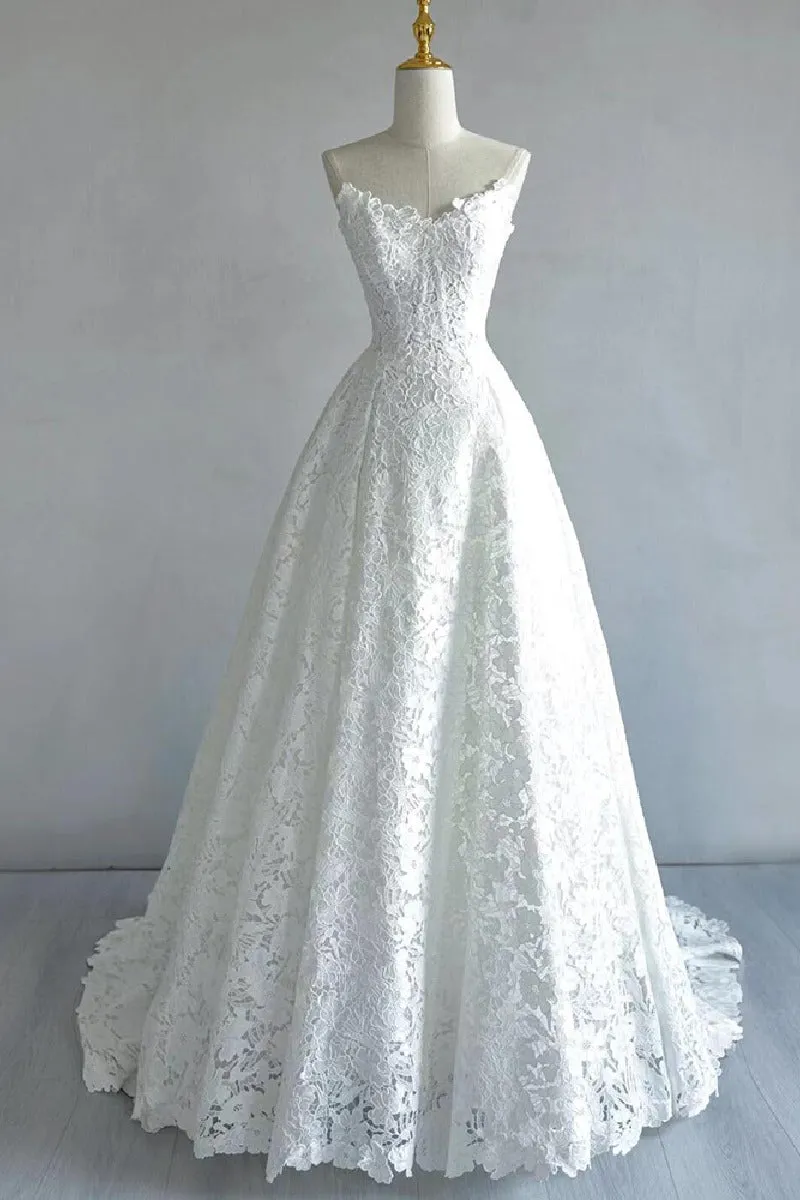A-Line Sweep-Brush Train Lace Wedding Dress 828423890551 sold by Cocomelody