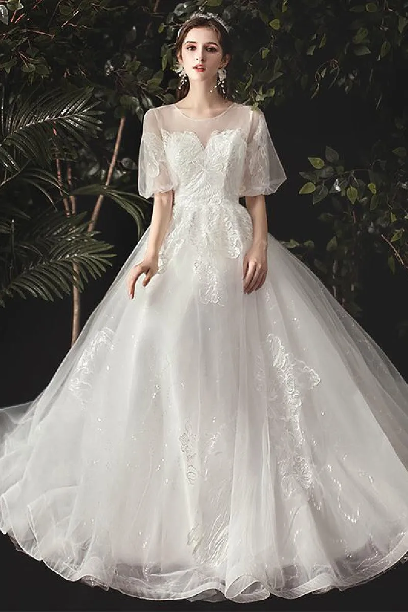 A-Line Floor Length Lace Sparkle Tulle Wedding Dress 679817491233 sold by Cocomelody product image thumbnail 4