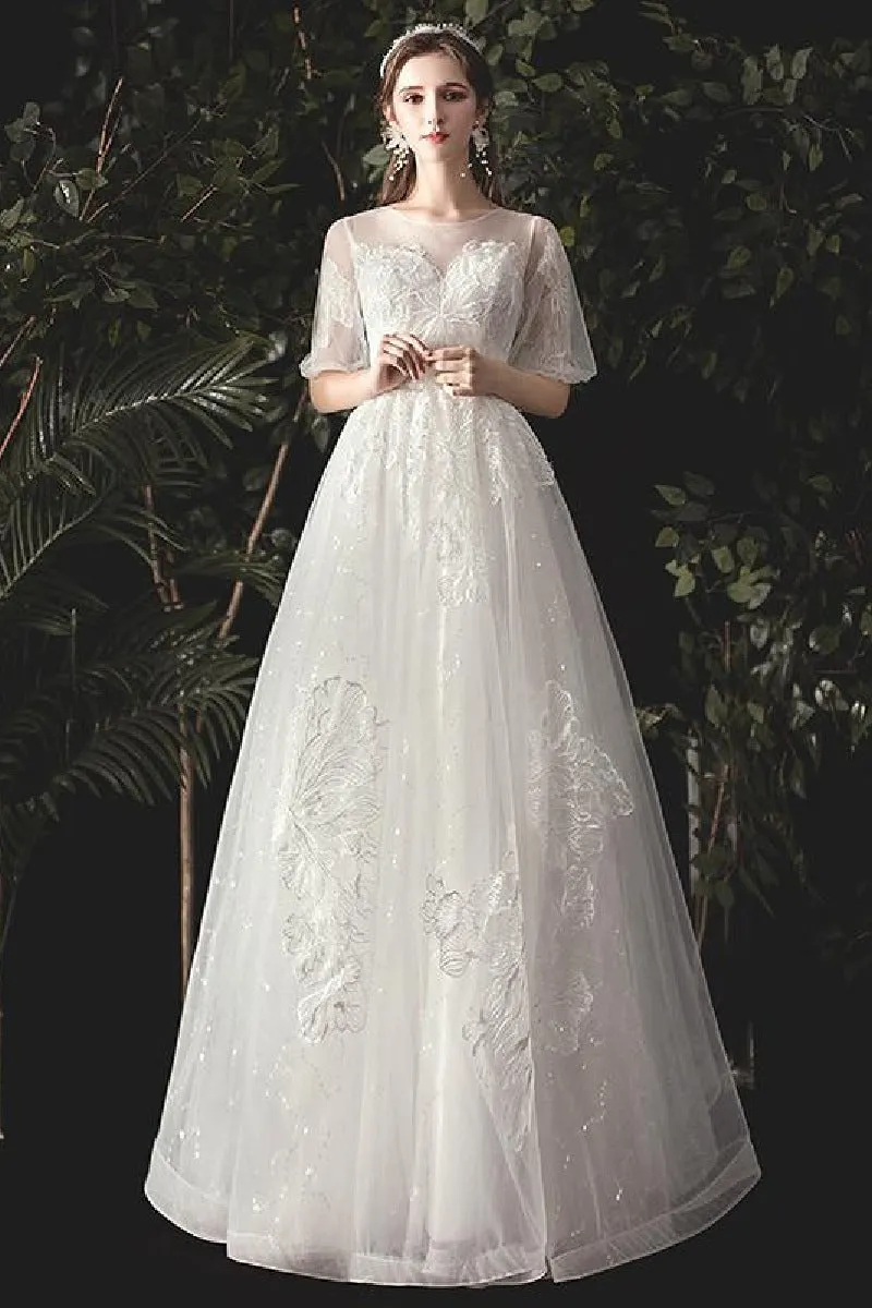 A-Line Floor Length Lace Sparkle Tulle Wedding Dress 679817491233 sold by Cocomelody