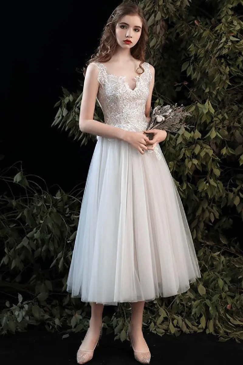 A-Line Tea Length Lace Tulle Wedding Dress 679197245061 sold by Cocomelody product image thumbnail 5