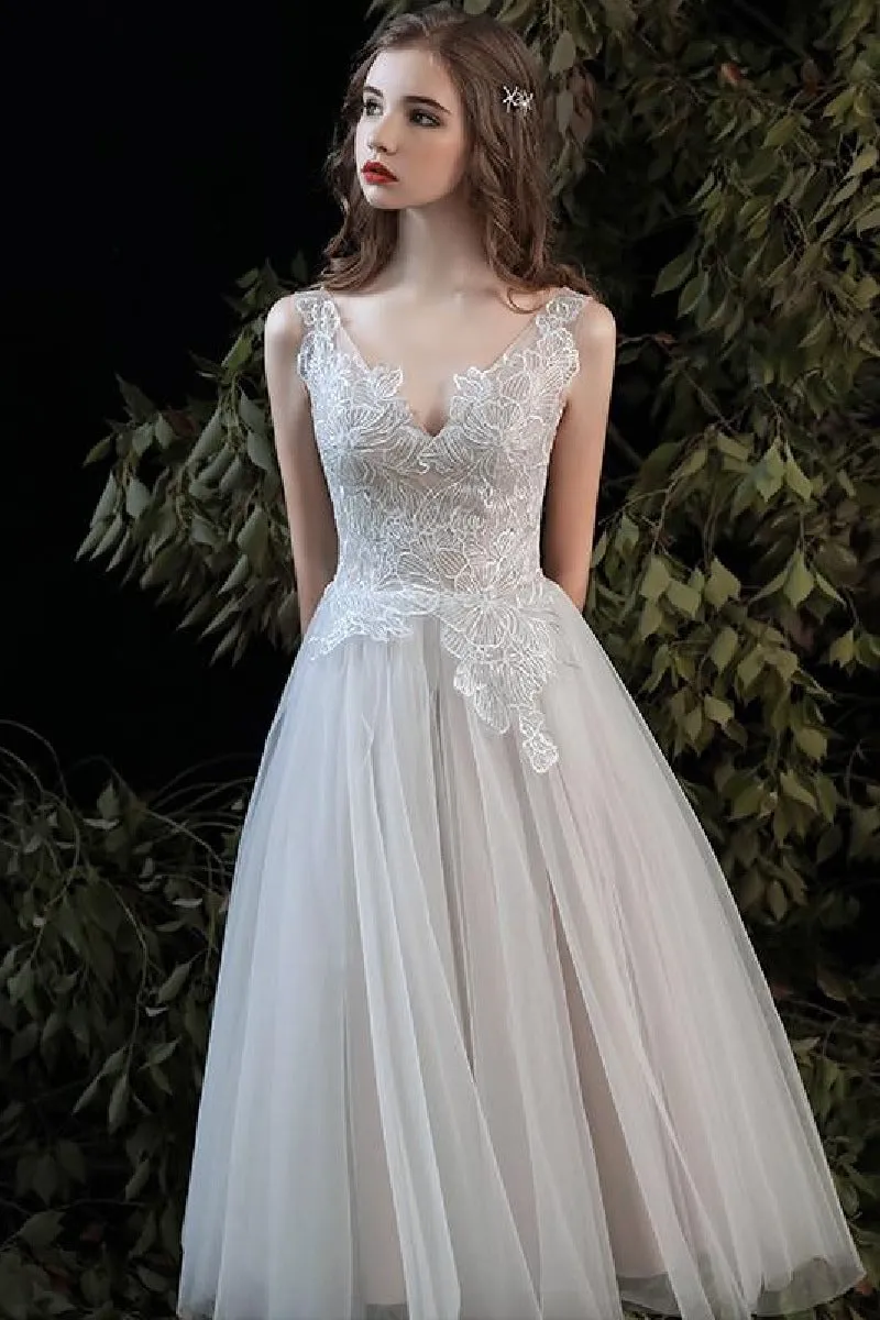 A-Line Tea Length Lace Tulle Wedding Dress 679197245061 sold by Cocomelody product image thumbnail 4