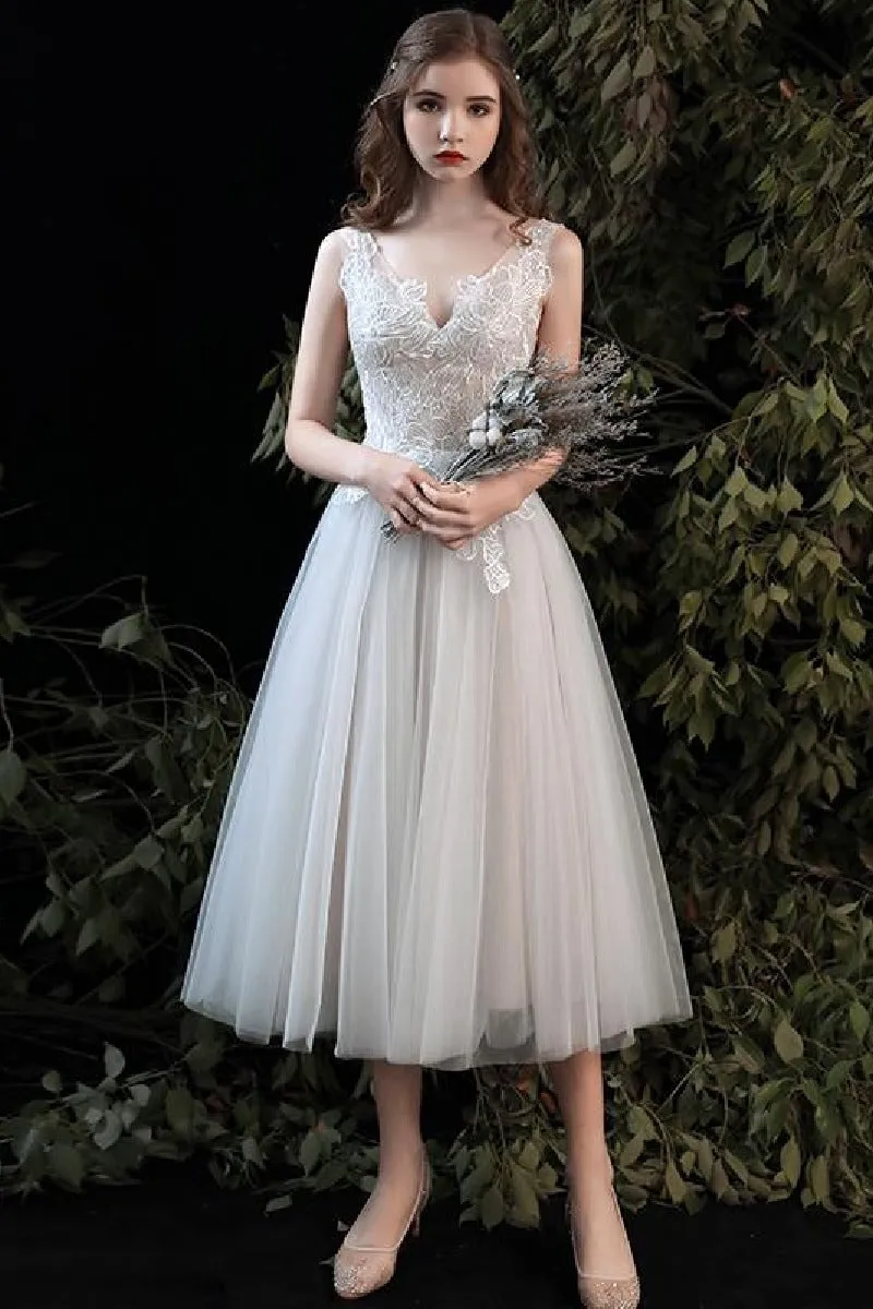 A-Line Tea Length Lace Tulle Wedding Dress 679197245061 sold by Cocomelody