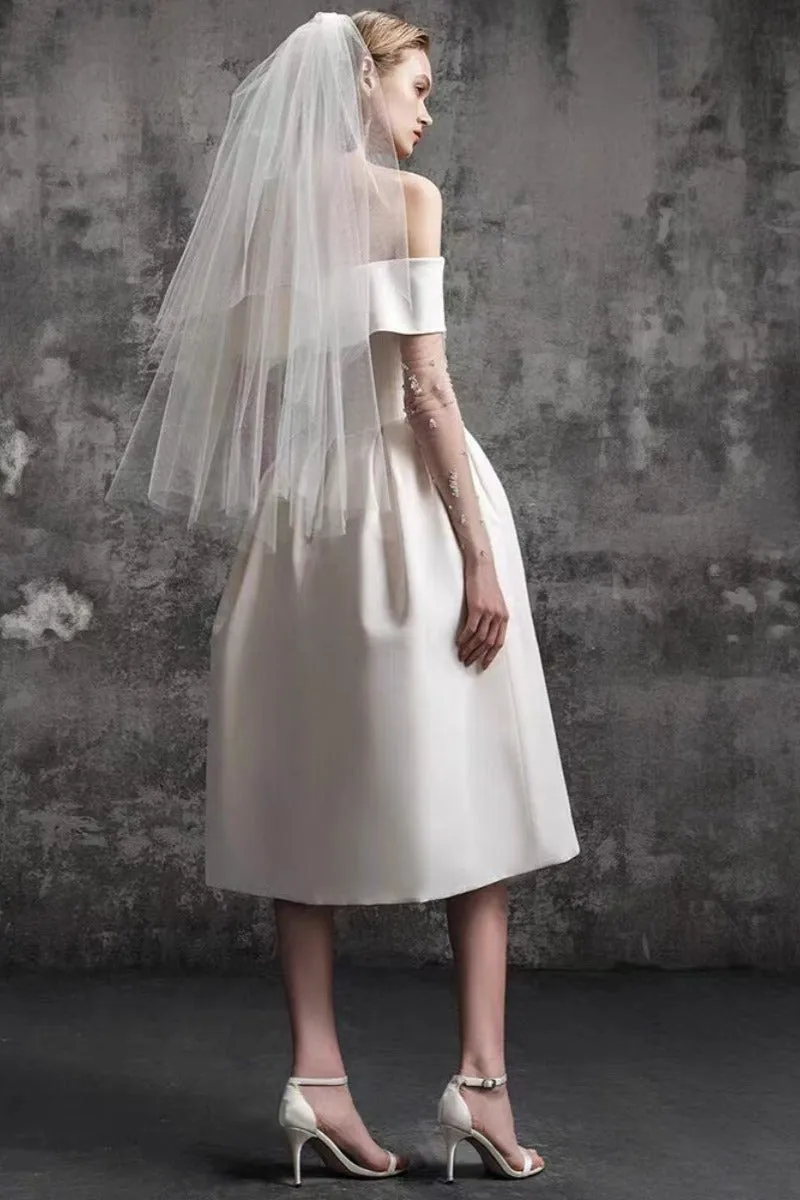 A-Line Tea Length Satin Wedding Dress 796475057645 sold by Cocomelody product image thumbnail 2
