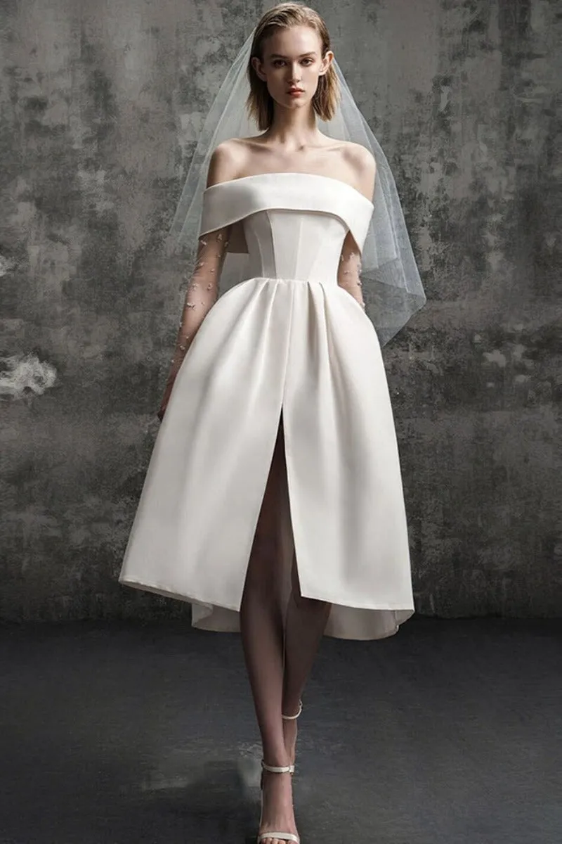 A-Line Tea Length Satin Wedding Dress 796475057645 sold by Cocomelody